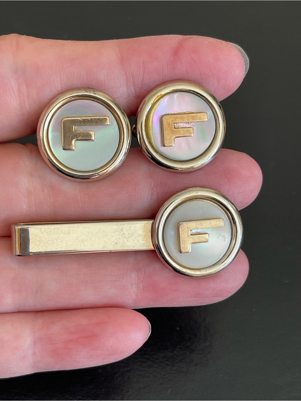 Vintage Mother-of-Pearl Oval Cufflinks and tie clip with Letter F Accent